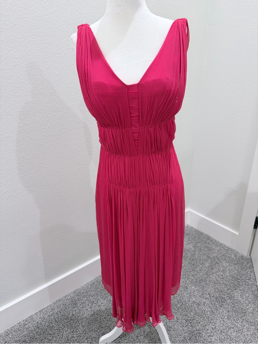 Sleeveless Fuchsia Midi Dress - Elegant Gathered Detail 100% silk chiffon